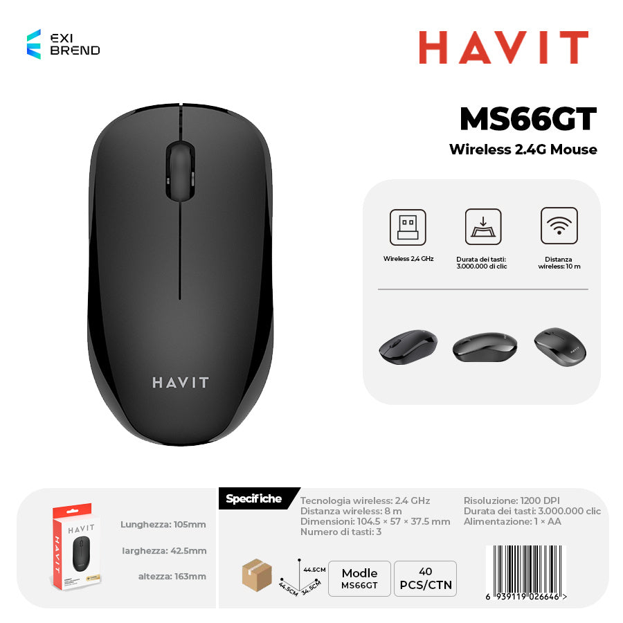 HAVIT MS66GT Wireless 2,4 GHz Mouse 3 Tasti - Black