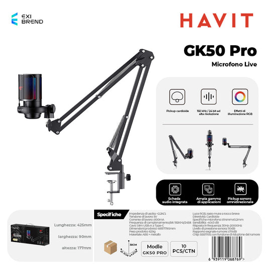 HAVIT GK50 Pro Microfono Gaming RGB con Braccio