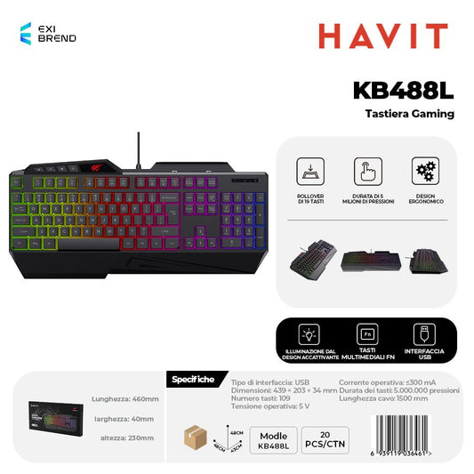 HAVIT KB488L Tastiera Gaming Controllo Multimediali Anti Ghosting