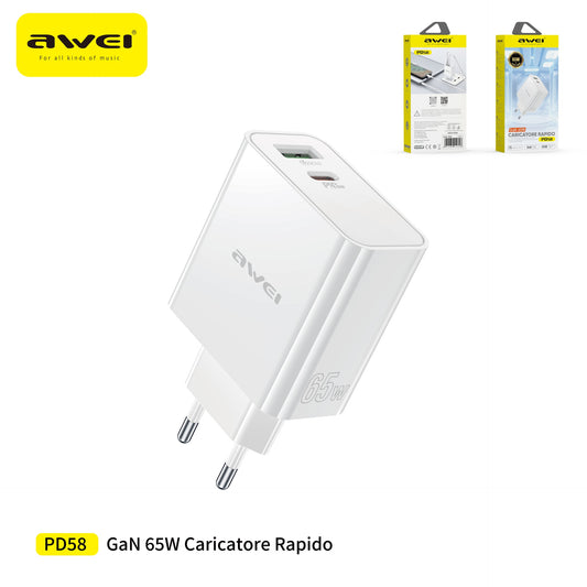 AWEI PD58-EUWH Caricatore Gan con Ricarica Rapida 65 W USB + Type-C