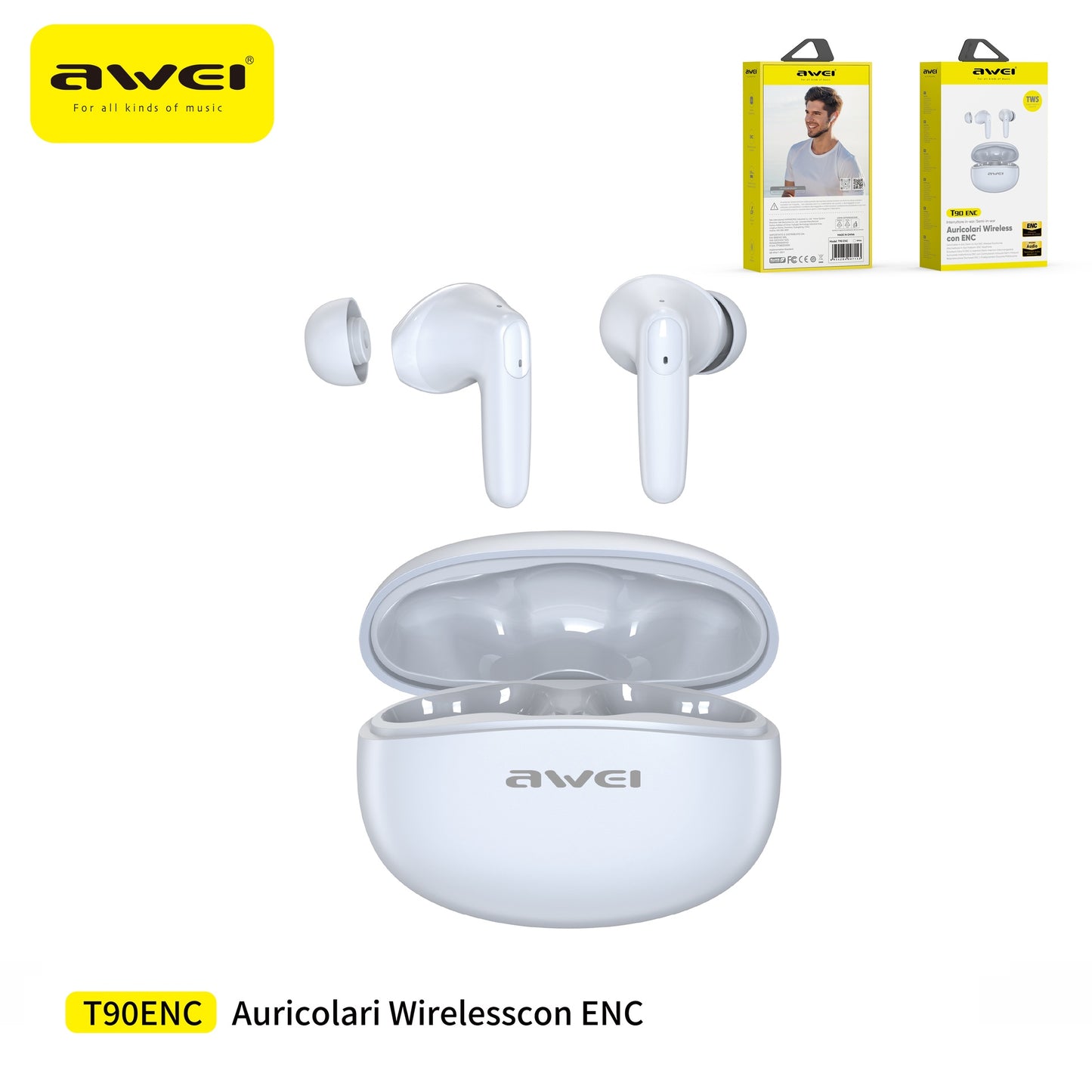 AWEI T90ENC Auricolari 2 in 1 In-Ear / Open-Ear - White