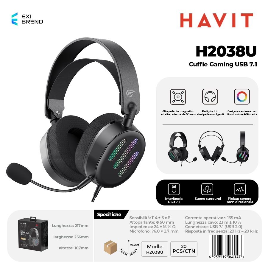 HAVIT H2038U Cuffie Gaming Altoparlante da 50 mm con RGB Pieghevole a 90° - Black