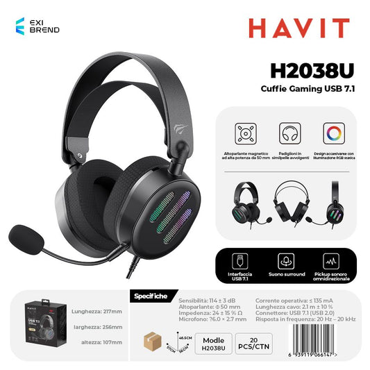 HAVIT H2038U Cuffie Gaming Altoparlante da 50 mm con RGB Pieghevole a 90° - Black