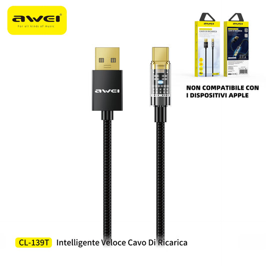 AWEI CL-139T Cavo Ricarica Rapida Type-C a Type-C con Luce 100 W 1 m