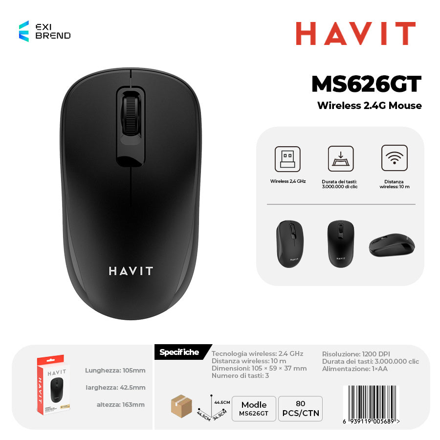 HAVIT MS626GT Wireless 2,4 GHz Mouse DPI 1200 3 Tasti - Black