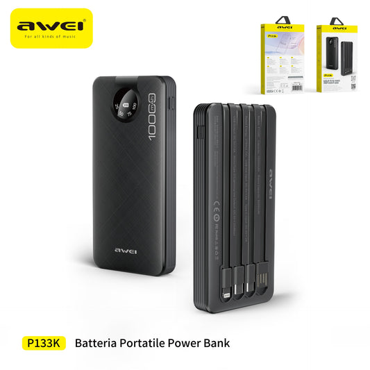 AWEI P133K Power Bank con Doppio Cavo 10000 mAh - Black
