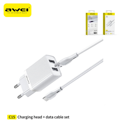 AWEI C15T-EU Set Caricatore con Doppio Uscita USB Cavo USB To Type-C - White