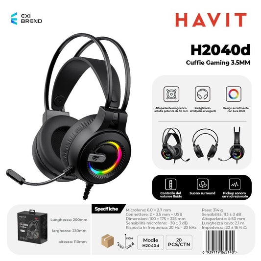 HAVIT H2040d Cuffie Gaming Altoparlante da 50 mm con RGB e Microfono