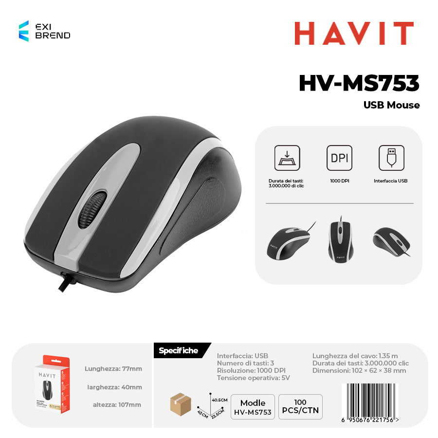 HAVIT HV-MS753 Mouse USB Design Ergonomico - White