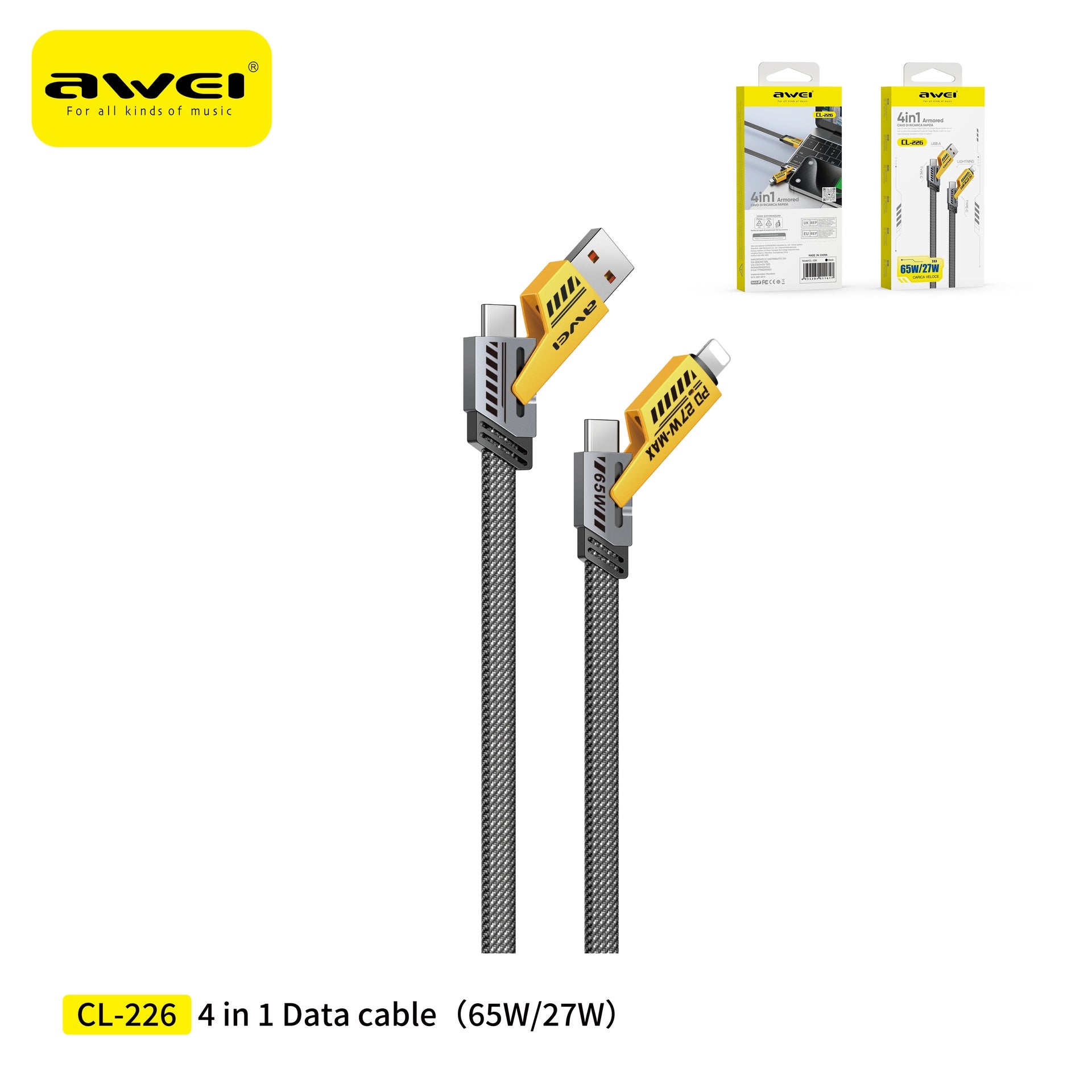 AWEI CL-226 Cavo a Ricarica Rapida 4 in 1 65 W 1 m