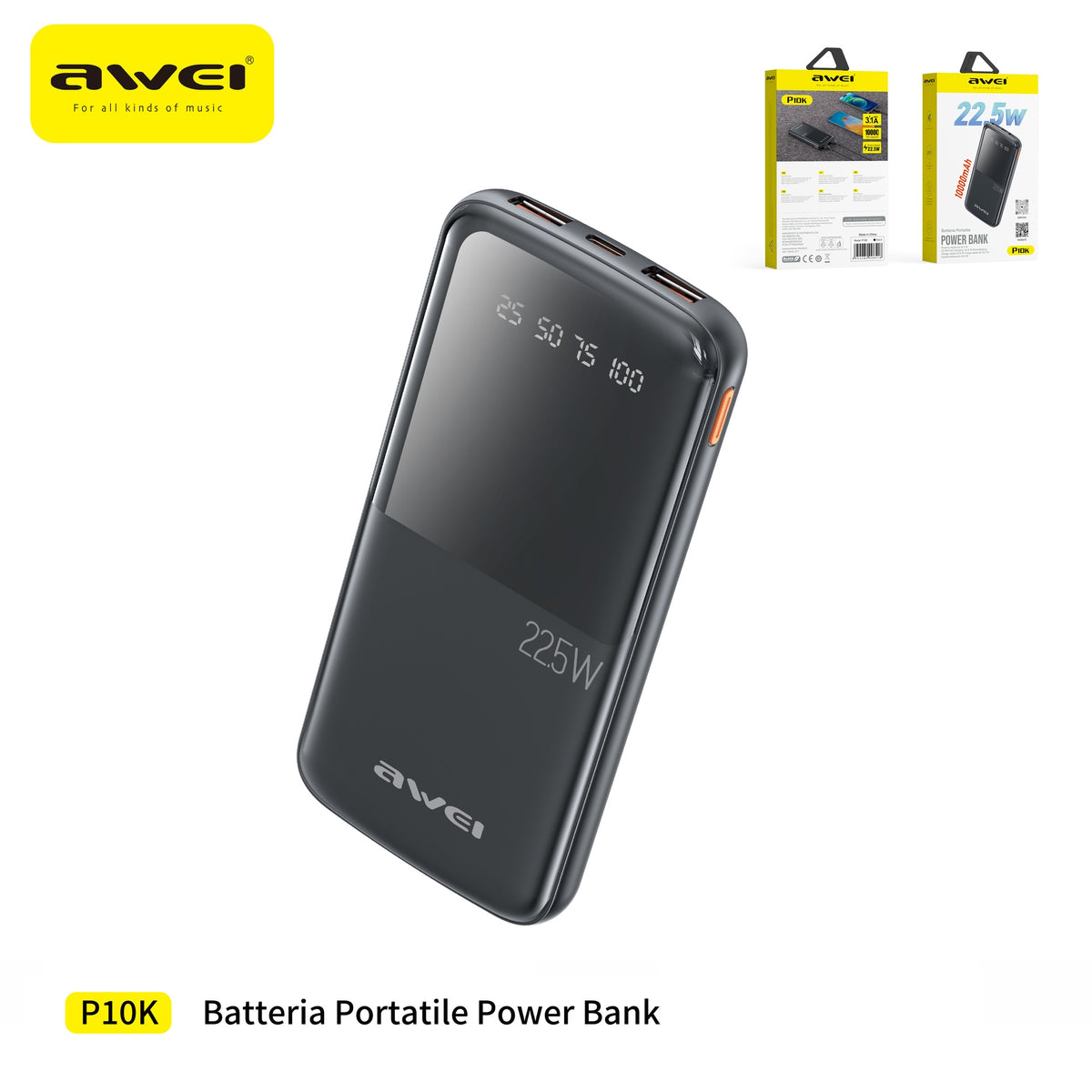 AWEI P10K Power Bank con Ricarica Rapida 10000 mAh 22,5 W