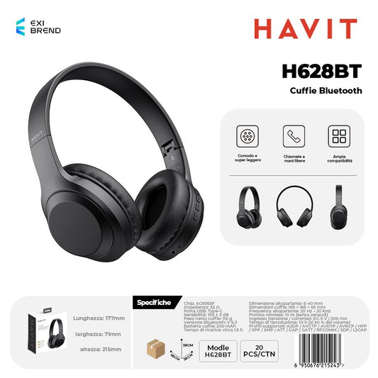 HAVIT H628BT Cuffie Bluetooth Multimodale Super Leggero - Black