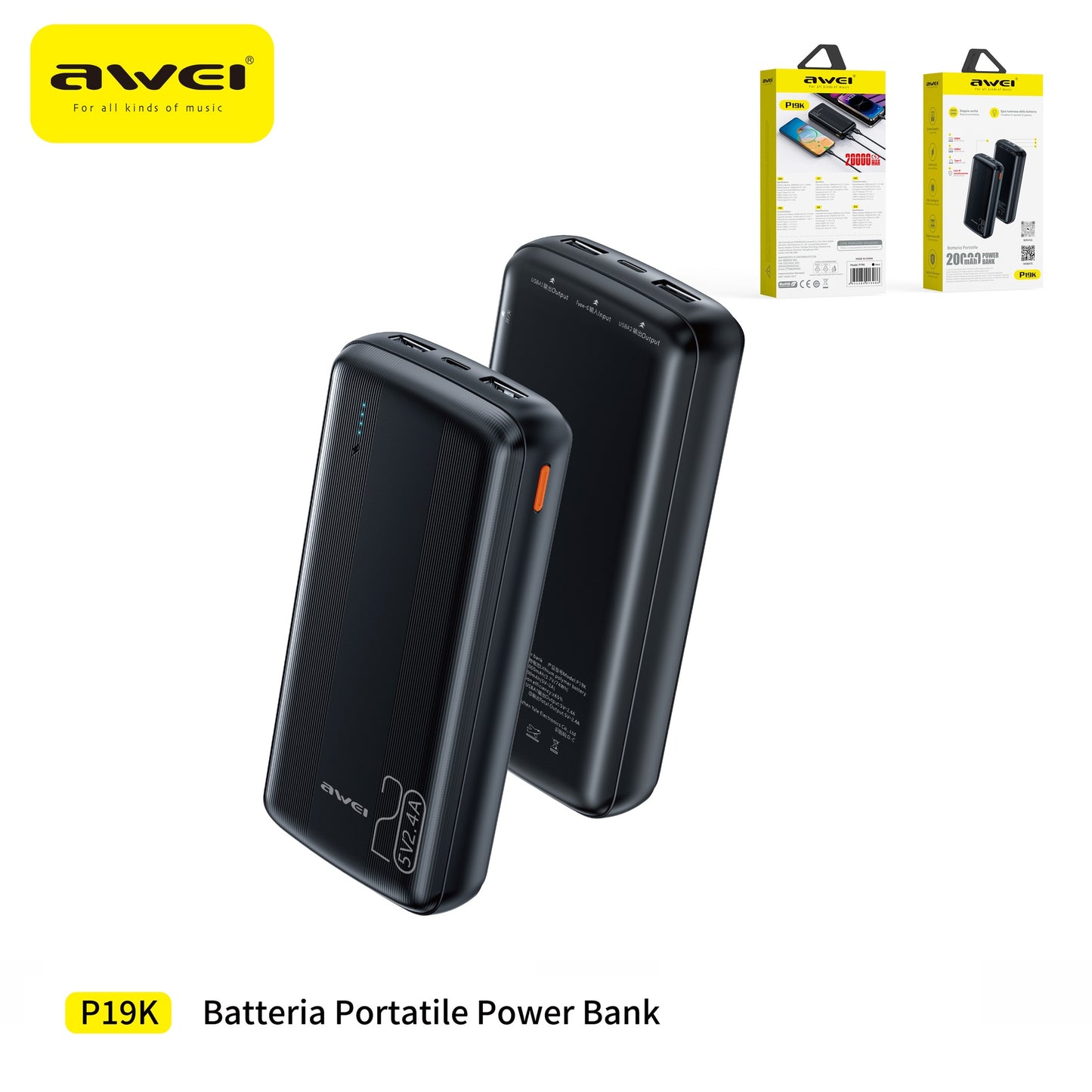 AWEI P19K Power Bank 20000 mAh Doppia USB - Black
