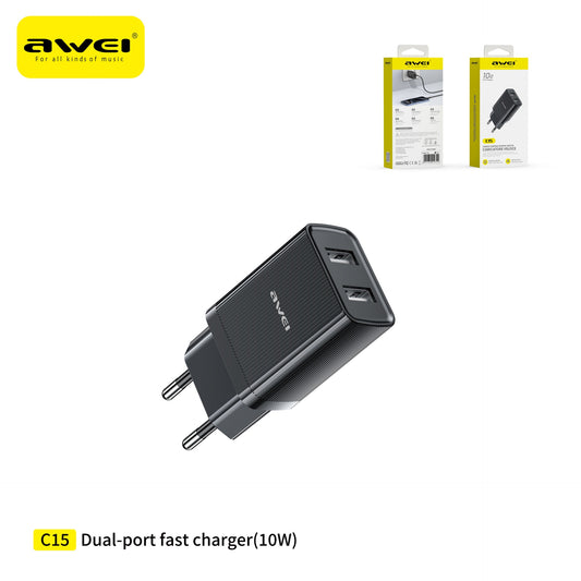 AWEI C15-EU Caricatore con Doppio Uscita USB 10 W - Black