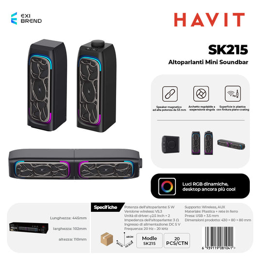 HAVIT SK215 Speaker Mini Soundbar con RGB Cavo USB 6 W