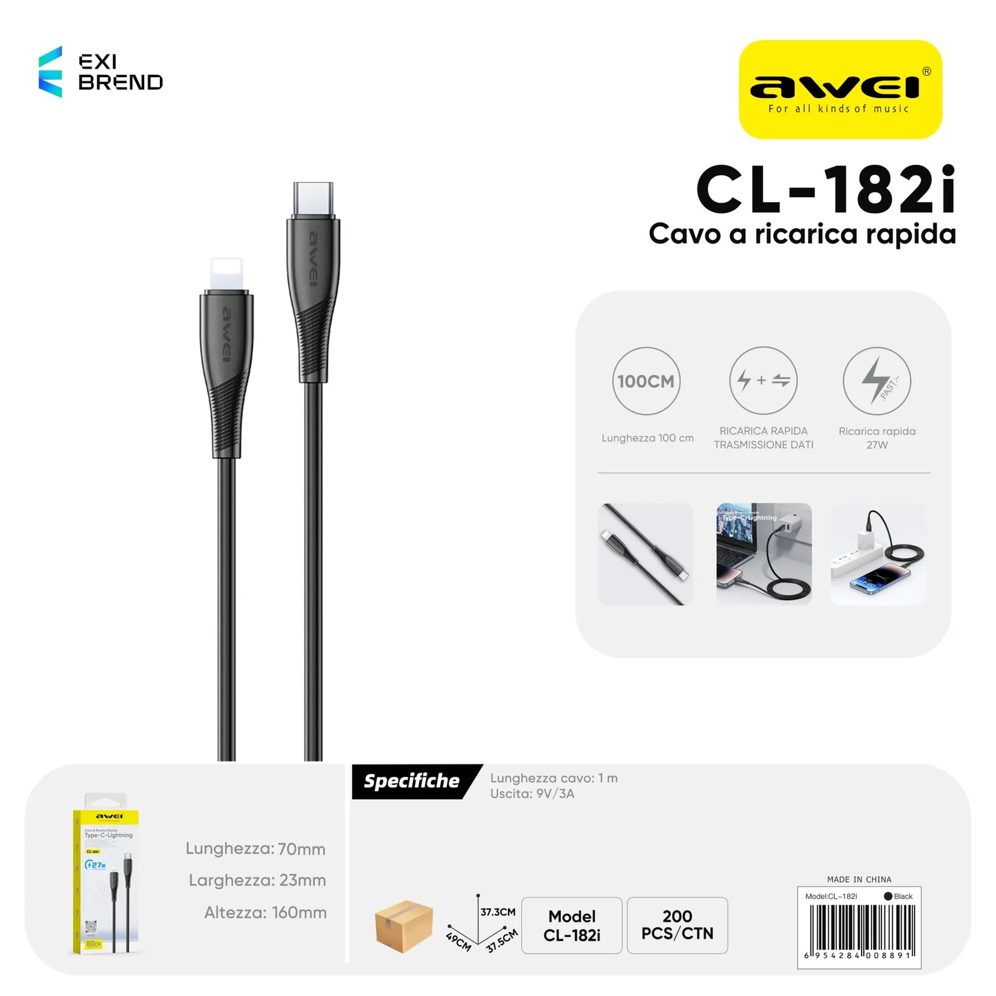 AWEI CL-182iWH Cavo Lightning To Type-C 1 m