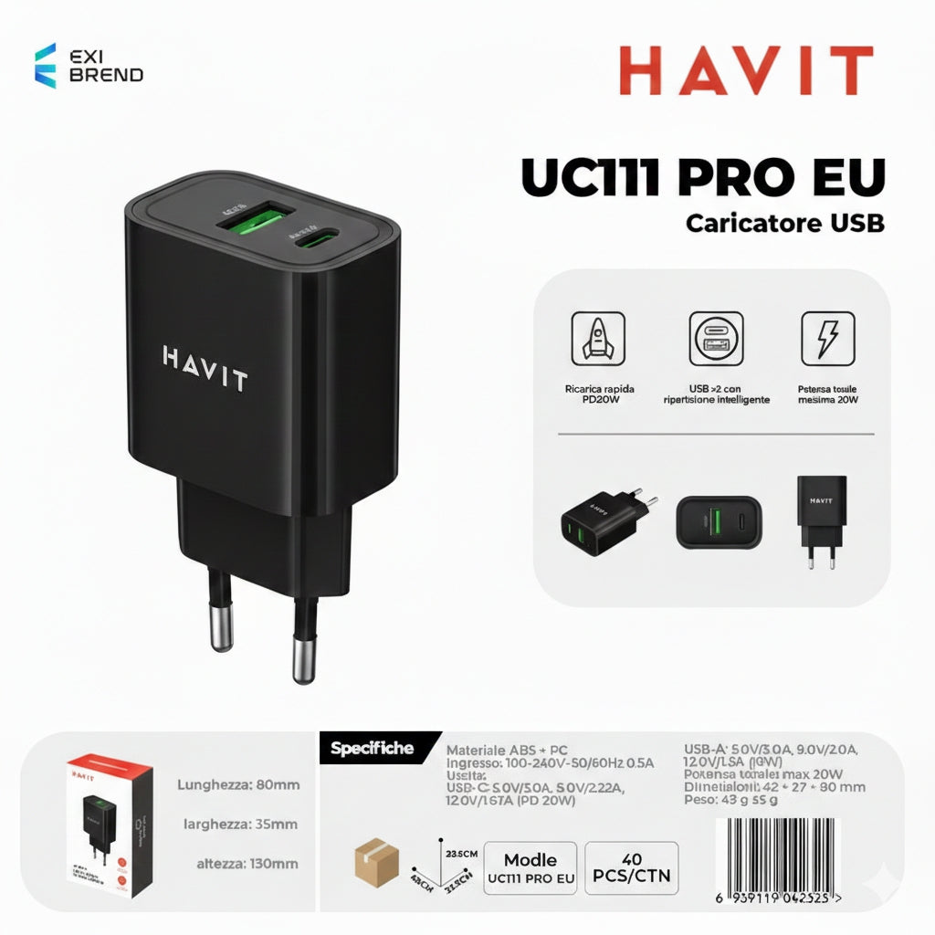 HAVIT UC111 PRO EU BK Caricatore USB