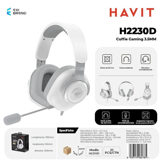 HAVIT H2230D Cuffie Gaming Altoparlante da 50 mm con Pulsante Muto e Controllo Volume - White