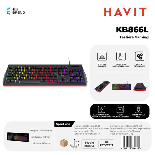 HAVIT KB866L Tastiera Gaming Controllo Multimediali Anti Ghosting