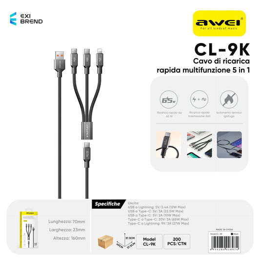 AWEI CL-9KBK Cavo Dati Multi CarIcatore 5 in 1