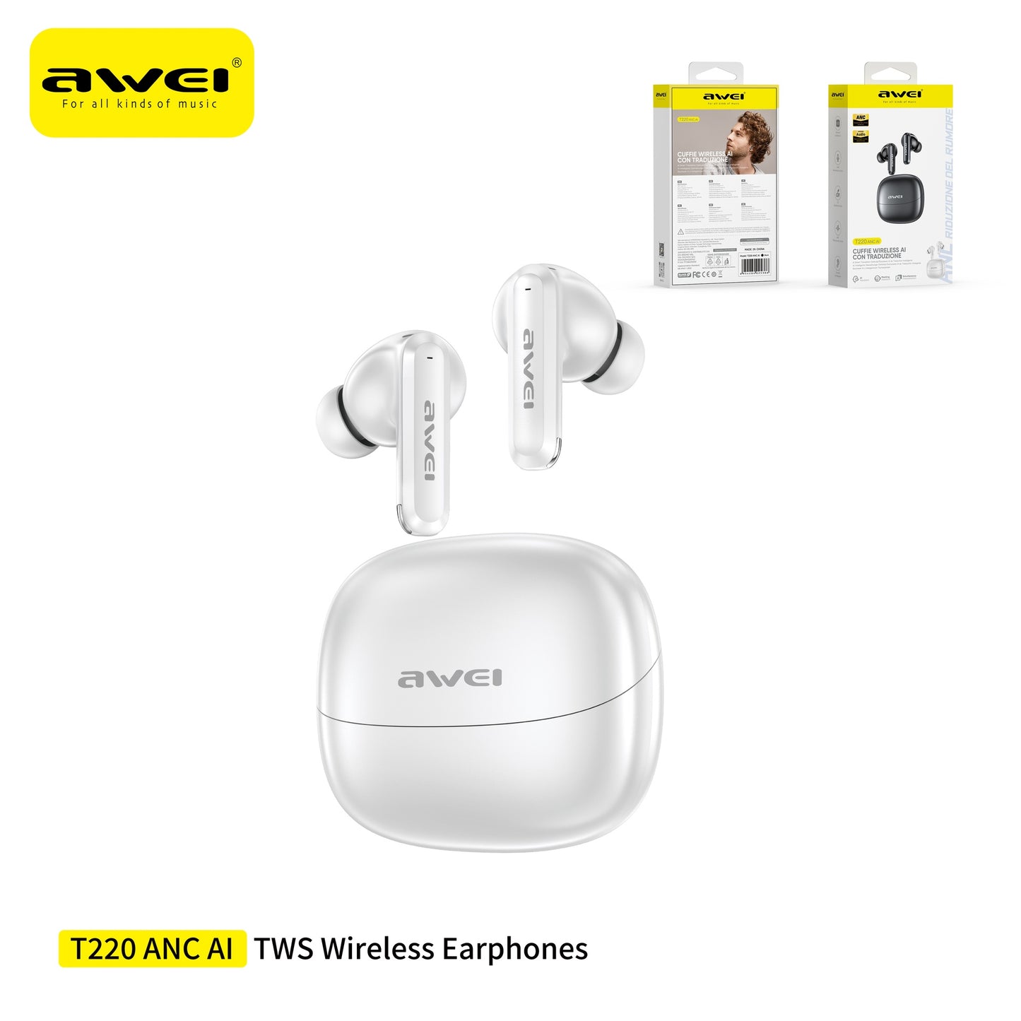 AWEI T220ANC Auricolari in Ear con Cancellazione Rumore Attiva - White