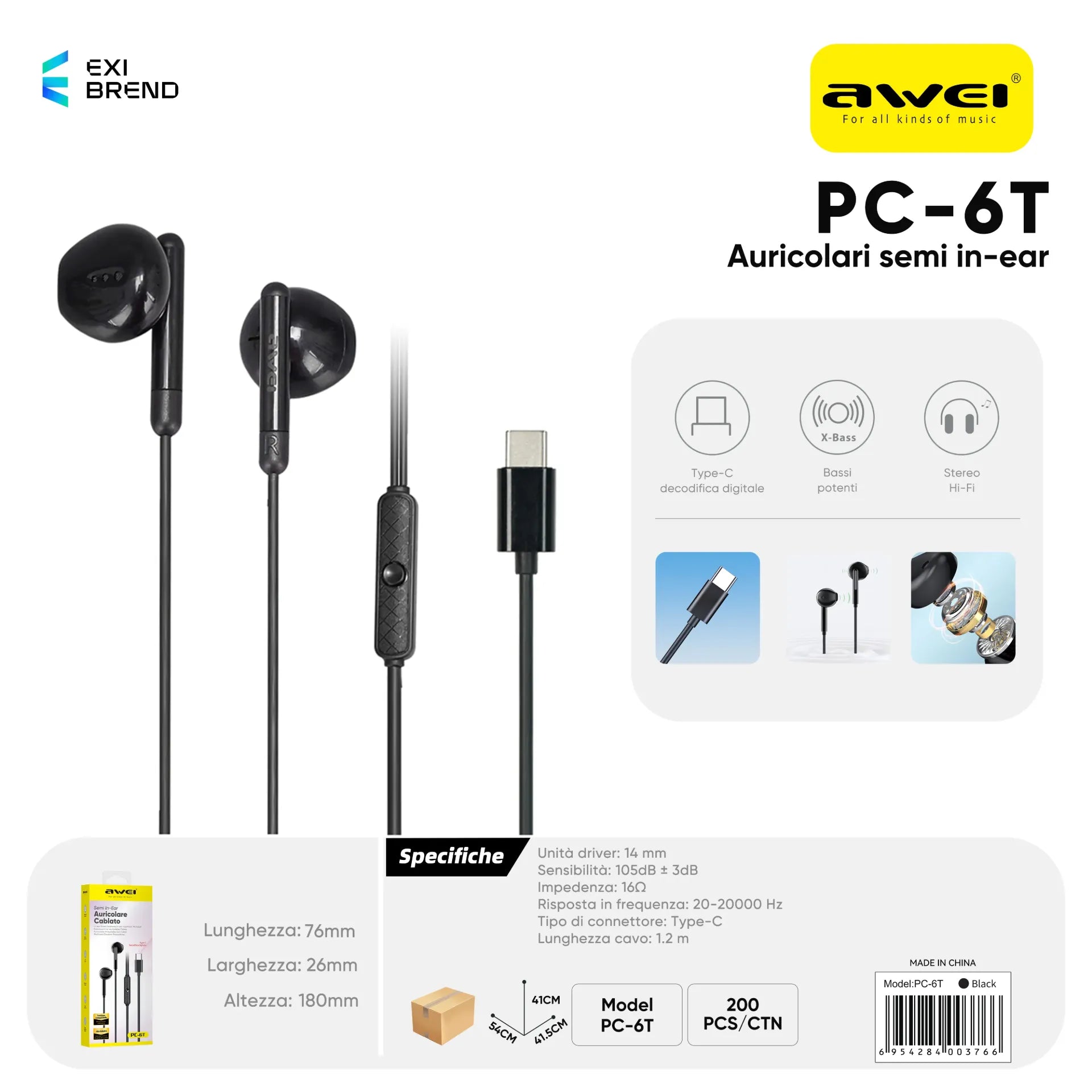 AWEI PC-6TBK Auricolari Cablati Type-C