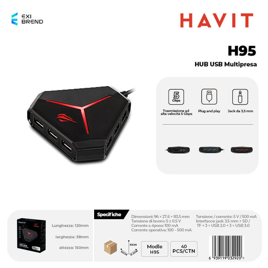 HAVIT H95 Hub USB Multipresa 3xusb2,0 3xusb 3,0 TF / SD AUX