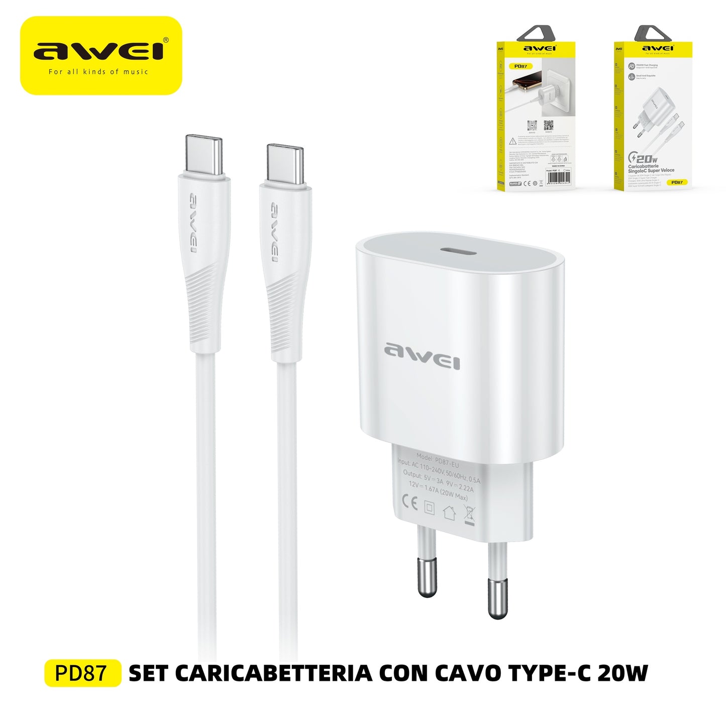 AWEI PD87CC Set Caricatore 20 W + Cavo Type-C a Type-C