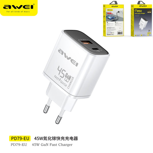 AWEI PD79-EUWH Caricatore Ultra Veloce Gan 45 W USB + Type-C