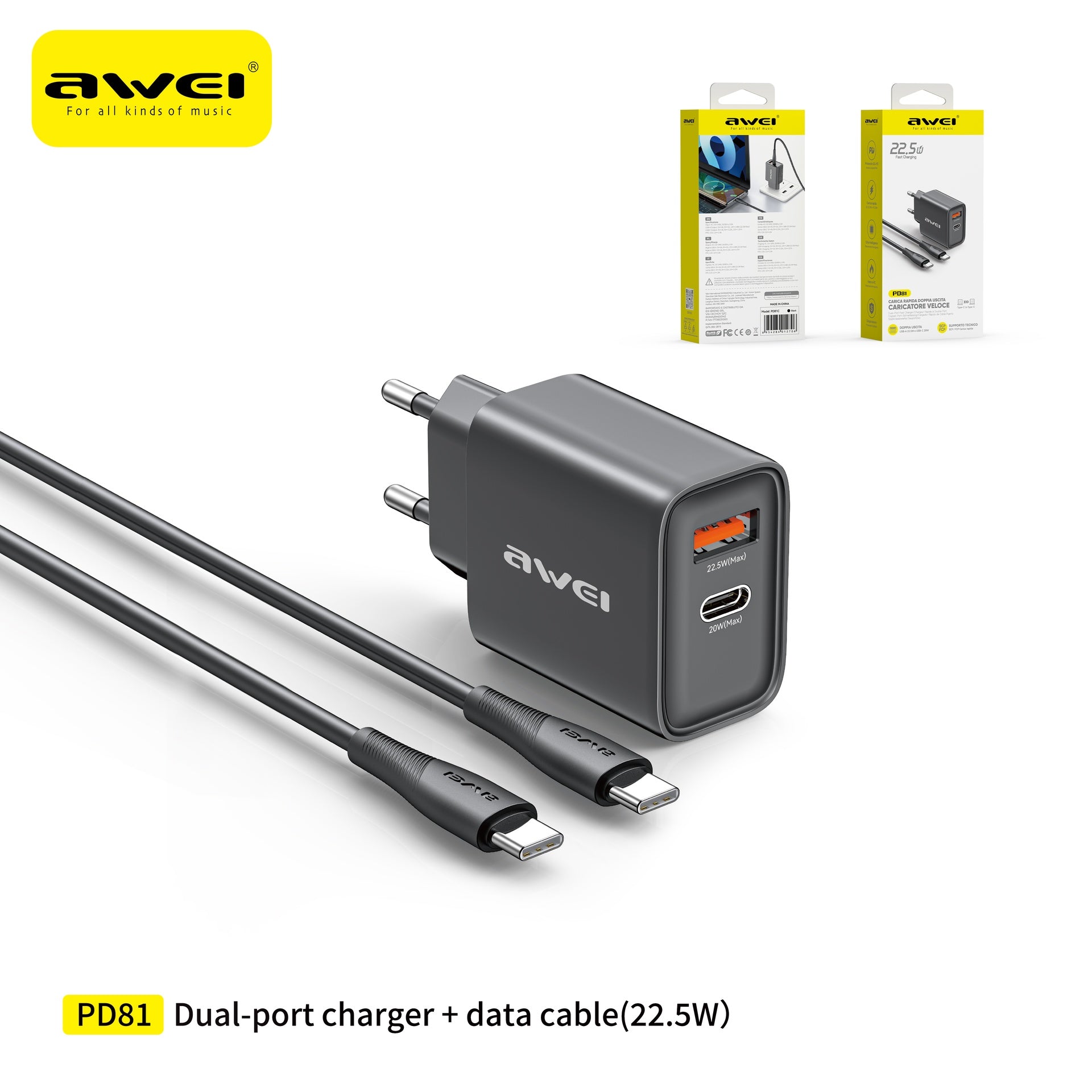 AWEI PD81C-EU Set Caricatore 22,5 W USB Type-C con Cavo C-C - Black