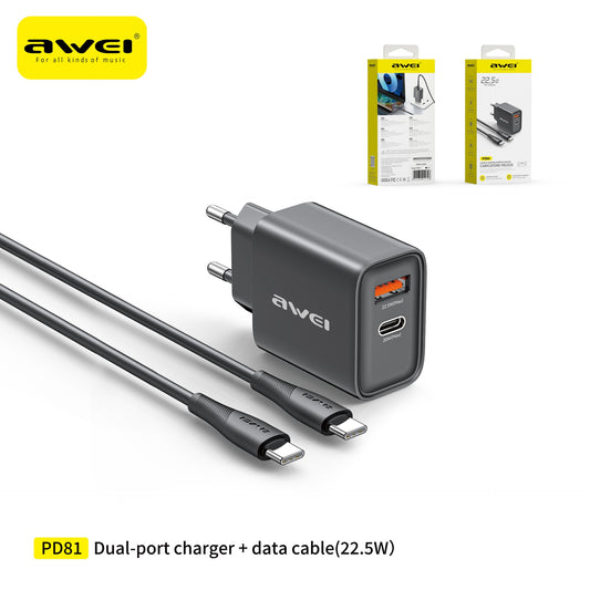 AWEI PD81C-EU Set Caricatore 22,5 W USB Type-C con Cavo C-C - Black