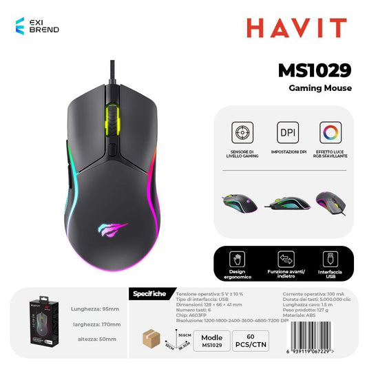 HAVIT MS1029 Mouse Gaming con RGB e 7 Tasti Macro Programming Alta Precisione - Black