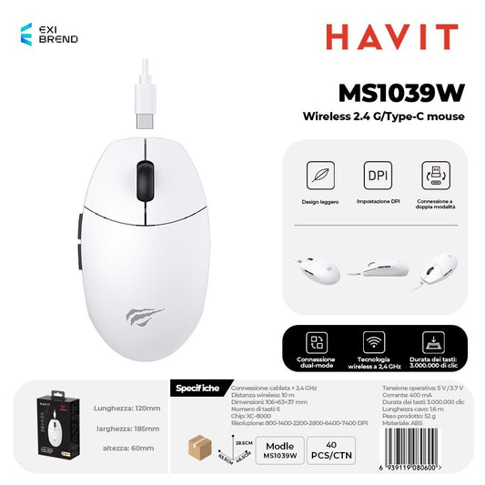 HAVIT MS1039 W Wireless 2,4 GHz / Type-C Macro Programming Mouse DPI 800-8000 Peso 48g
