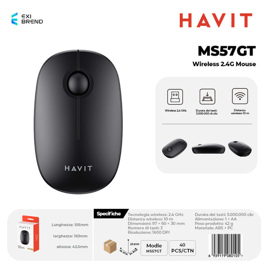 HAVIT MS57GT Wireless 2,4 GHz Mouse DPI 1600 Peso 42g - Black