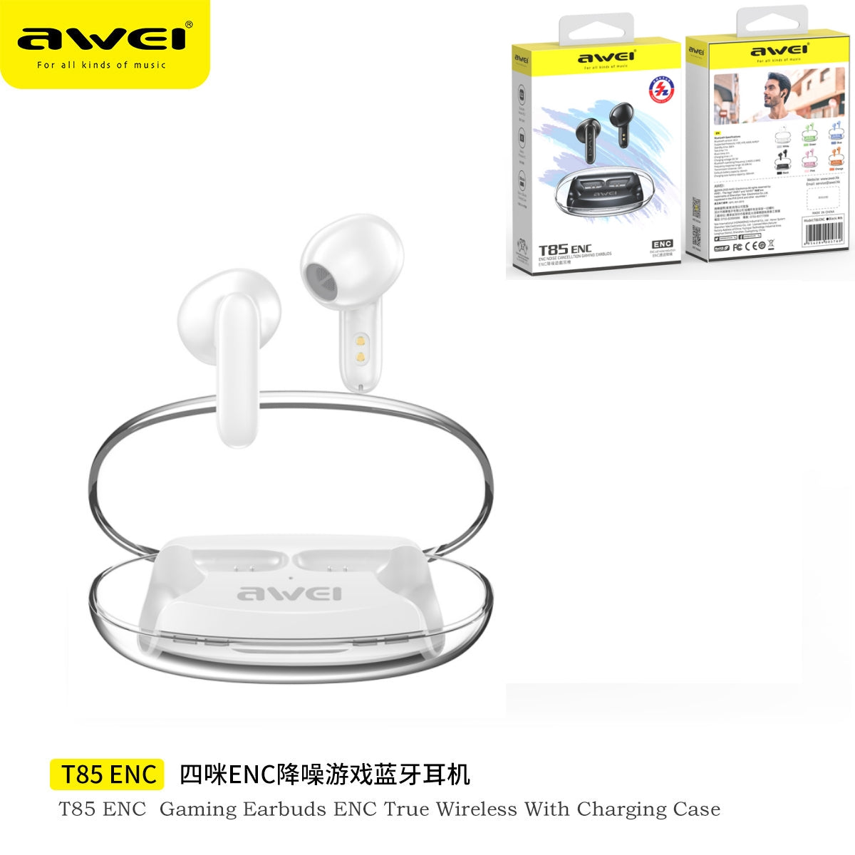 AWEI T85ENCWH Cuffie Bluetooth per Giochi con Cancellazione del Rumore Chiamata