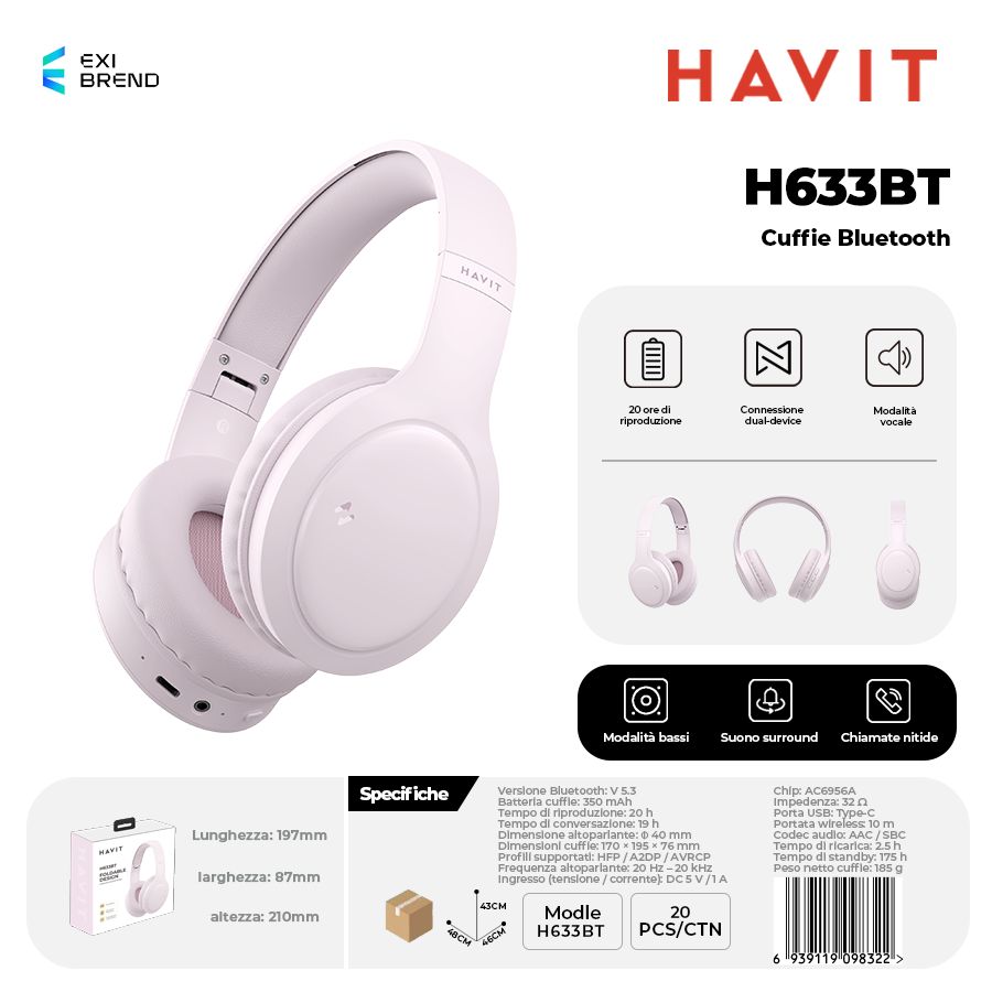 HAVIT H633BT Cuffie Bluetooth Multimodale - Pink