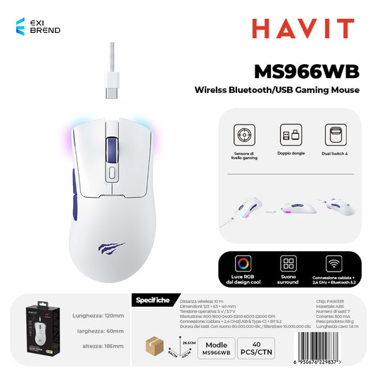 HAVIT MS966WB Wireless Bluetooth 5,2 / Mouse Gaming USB DPI Regolabili Fino 10000 - White
