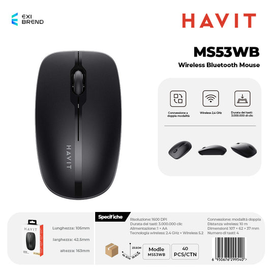 HAVIT MS53WB Wireless Bluetooth 5,2 Mouse DPI 1600 Peso 50g - Black