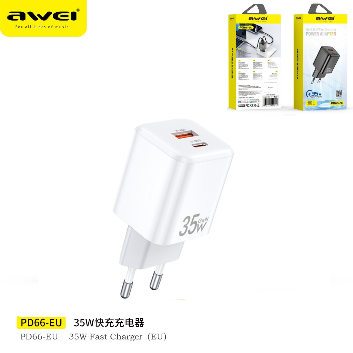 AWEI PD66-WH Caricatore Veloce Gan 35 W USB + Type-C