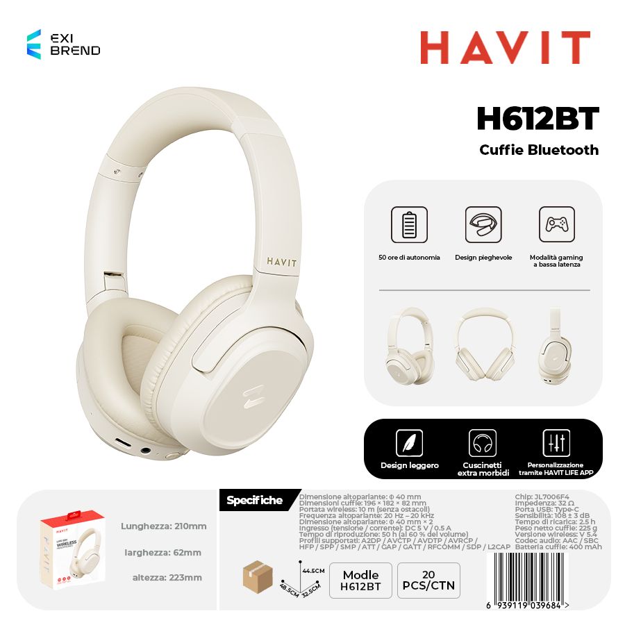 HAVIT H612BT Cuffie Bluetooth 5,4 Peso 225g - Beige