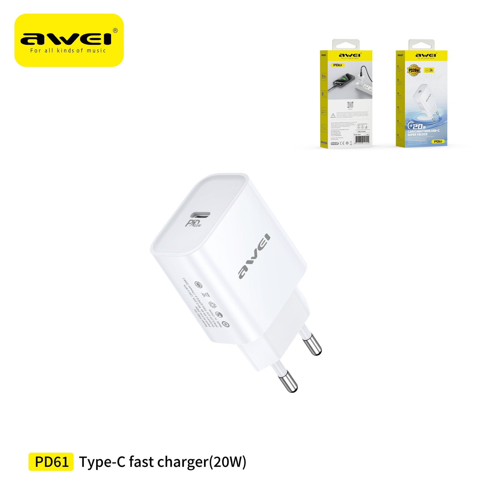 AWEI PD61-EUWH Caricatore a Ricarica Rapida 20 W Type-C