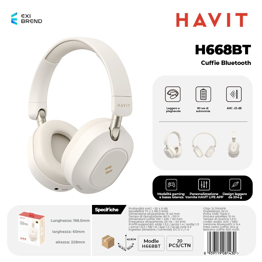 HAVIT H668BT Cuffie Bluetooth 5,4 Batt.500 mAh - Beige