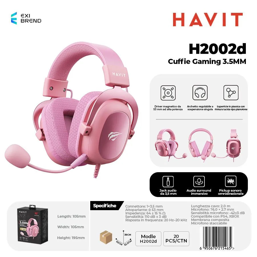 HAVIT H2002D Cuffie Gaming Altoparlante da 53 mm con Attacco 3,5 mm - Pink