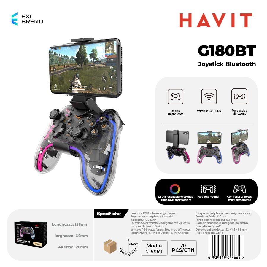 HAVIT G180BT Controller Trasparente Bluetooth con RGB e Vibrazione