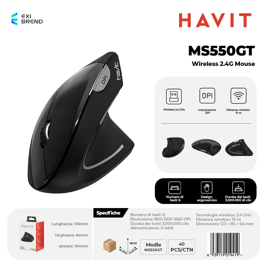 HAVIT MS550GT Wireless 2,4 GHz Mouse DPI Regolabili 800-1200-1600