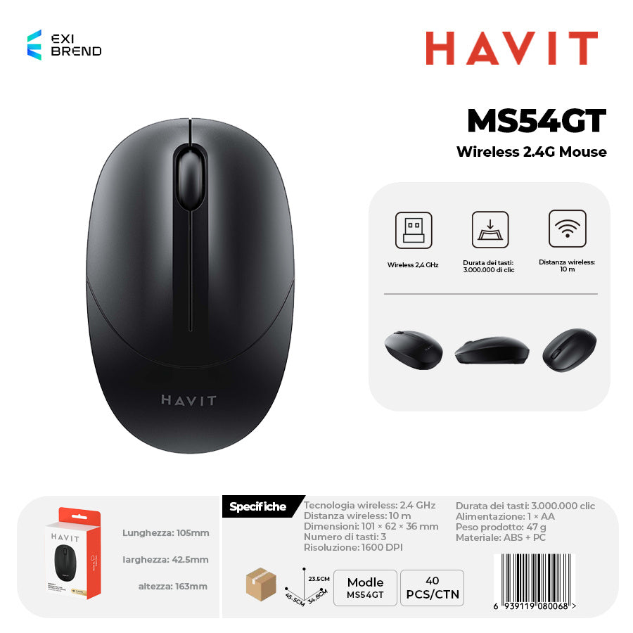 HAVIT MS54GT Wireless 2,4 GHz Mouse DPI 1600 Peso 47g - Black