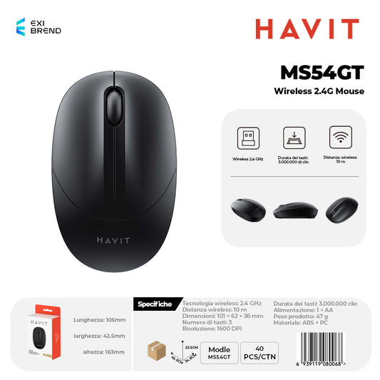 HAVIT MS54GT Wireless 2,4 GHz Mouse DPI 1600 Peso 47g - Black