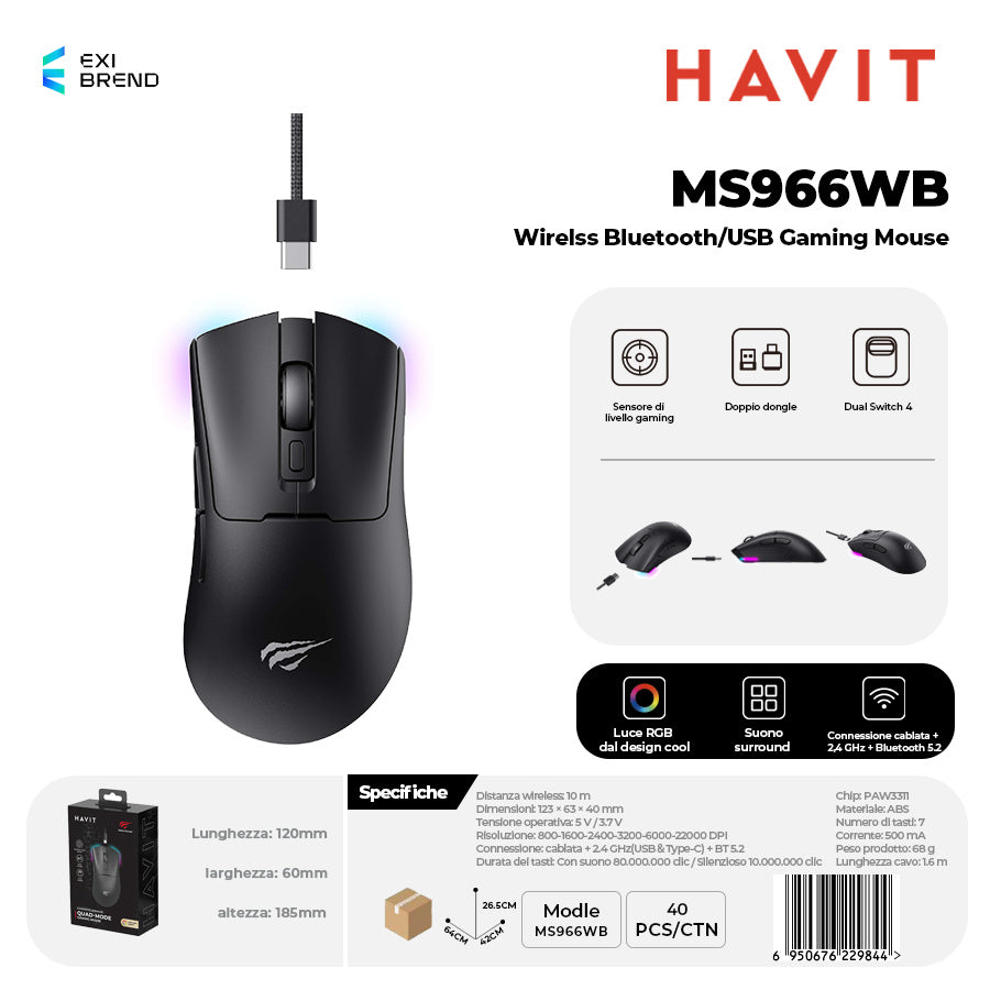HAVIT MS966WB Wireless Bluetooth 5,2 / Mouse Gaming USB DPI Regolabili Fino 10000 - Black