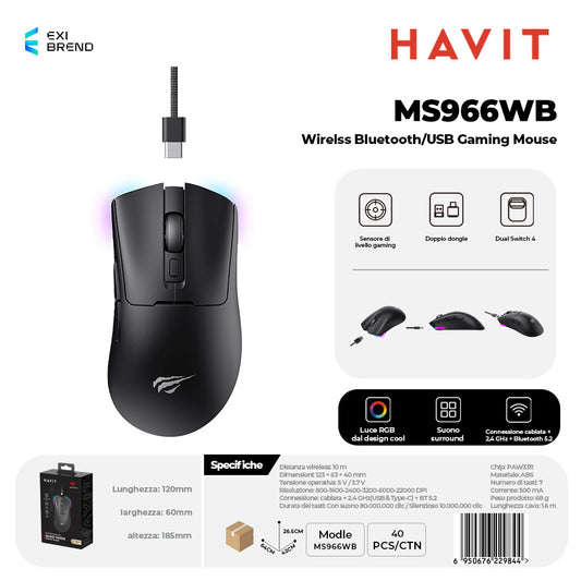 HAVIT MS966WB Wireless Bluetooth 5,2 / Mouse Gaming USB DPI Regolabili Fino 10000 - Black