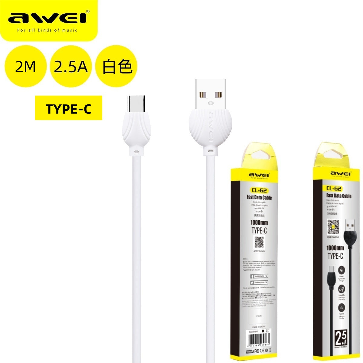 AWEI CL-62TWH Cavo USB a Type-C